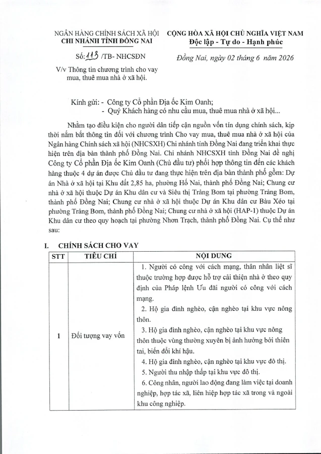 Trang đầu thông báo số 113 của NHCSXH Đồng Nai ngày 02/06/2026