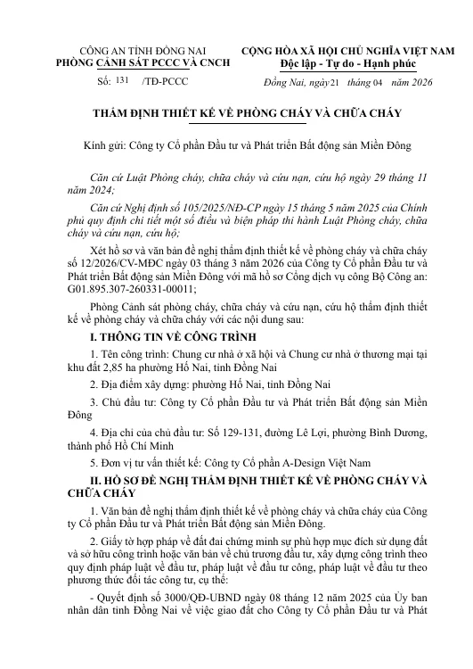 Trang đầu văn bản thẩm định thiết kế PCCC